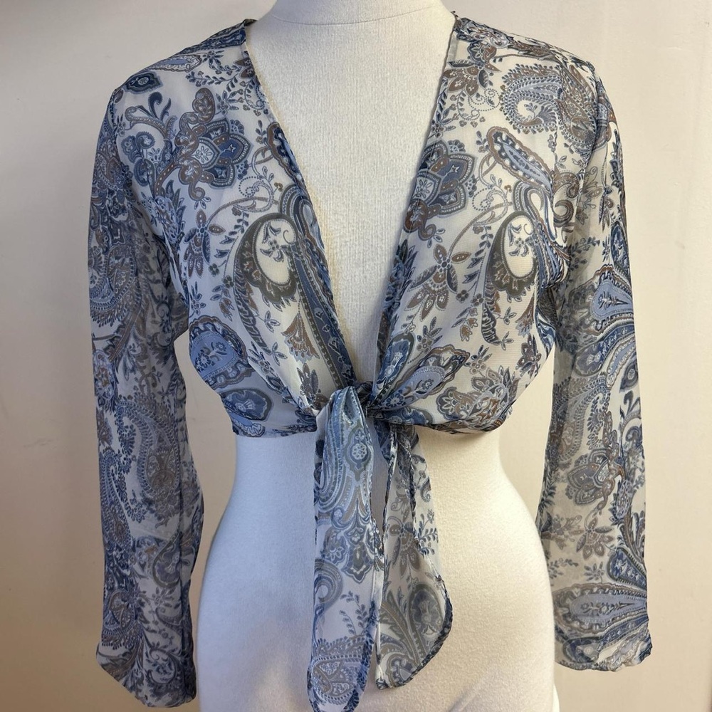 Vintage Y2K Sheer Blue and White Paisley Tie-Front Blouse size S
